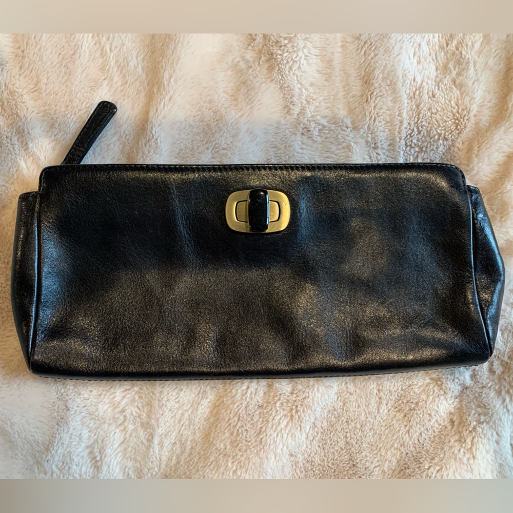 HOBO black leather turn lock clutch with red lining
